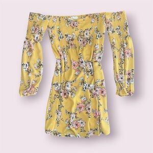 Socialite Off-the-Shoulder Long Sleeve Goldenrod Yellow Floral Print Mini-Dress
